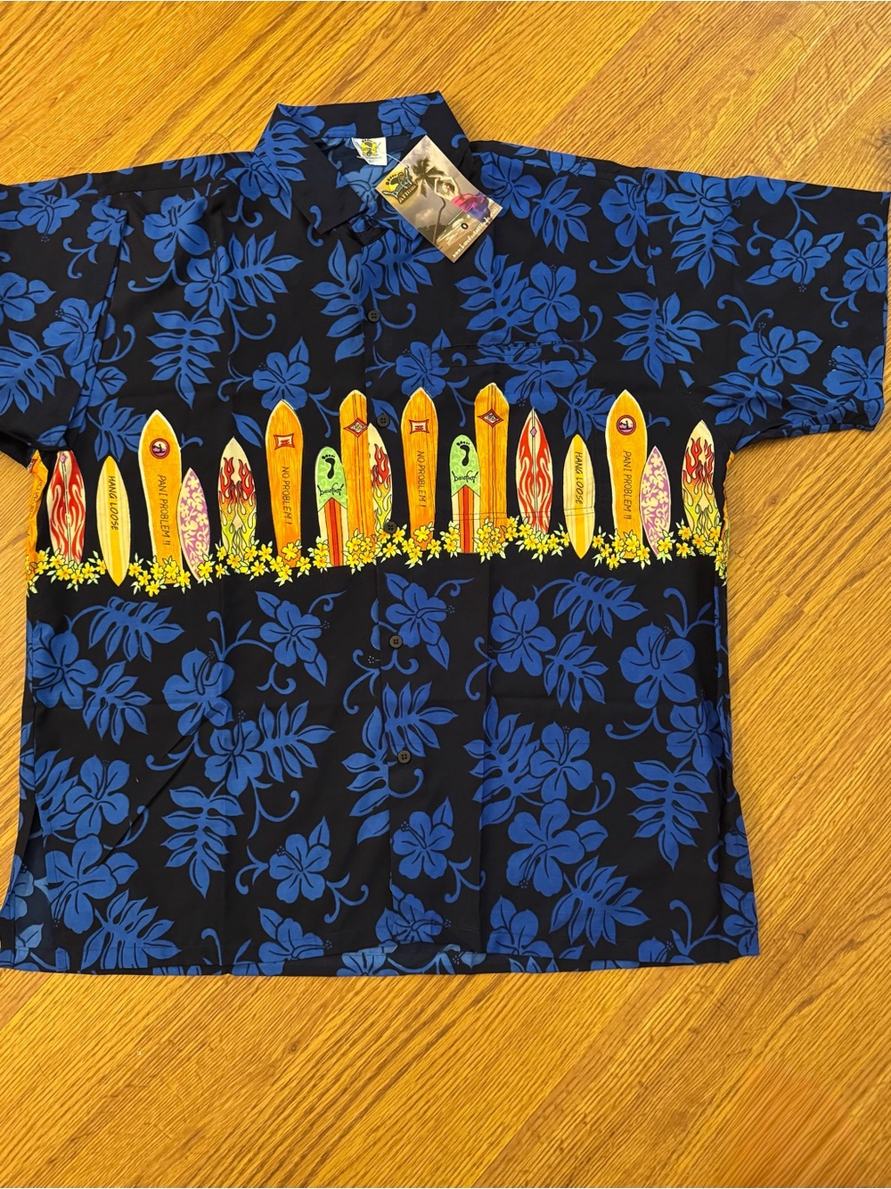 Barefoot Attitude Hawaiian Aloha Shirt L Surfboard Border Tropical NWT